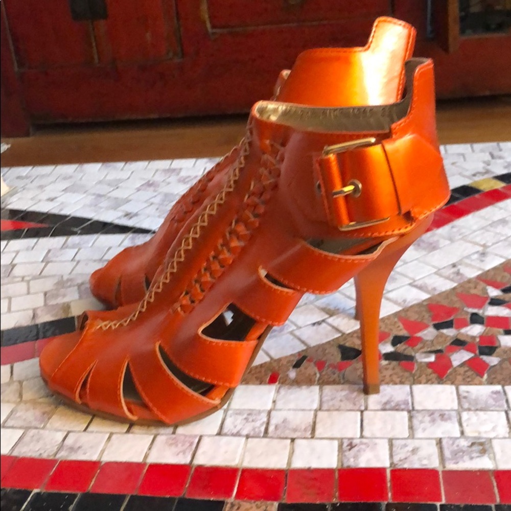 Stunner orange cage open toe Heels
